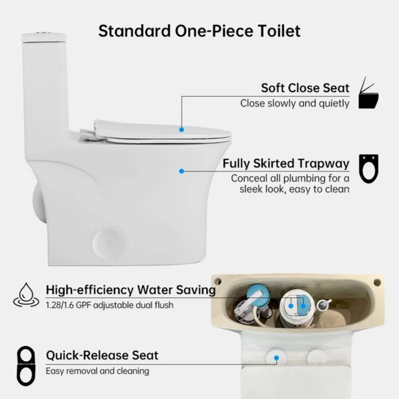1.1/1.6 GPF Elongated Comfort Height Floor Mounted One-Piece Toilet, CUPC Certified, Watersense Cetified, Ceramic, White Color, Soft Close Seat T039WT