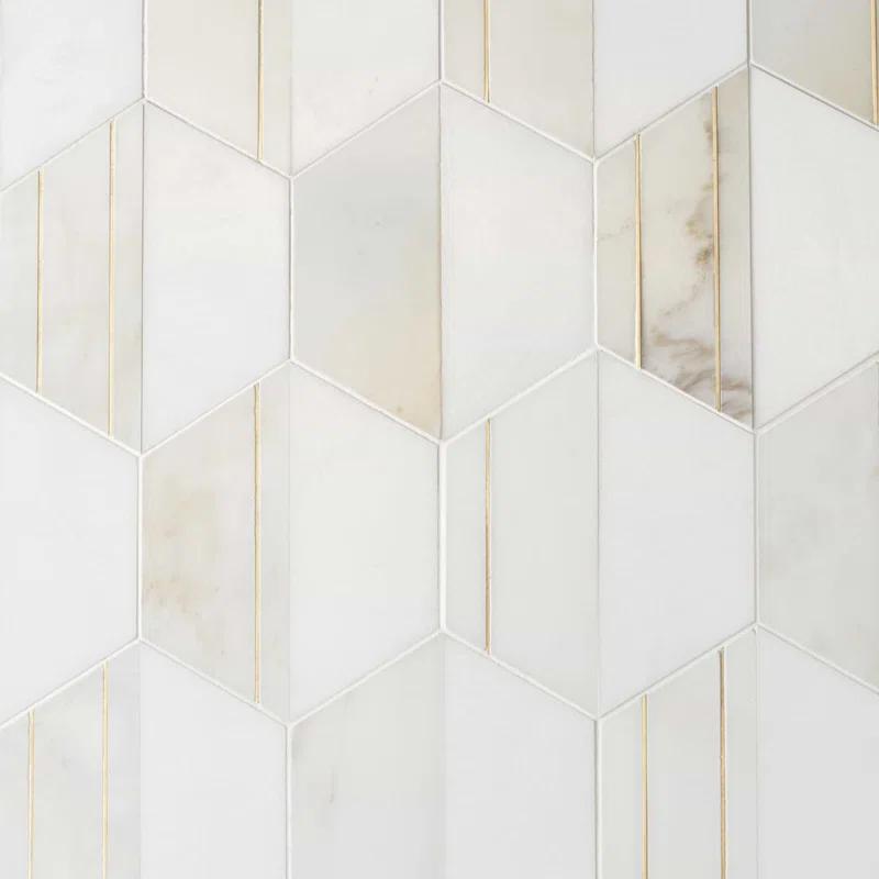 Meld 10.43" x 12.04" Marble and Brass Mosaic Hexagon Tile (0.87 Sq. Ft. / Sheet)