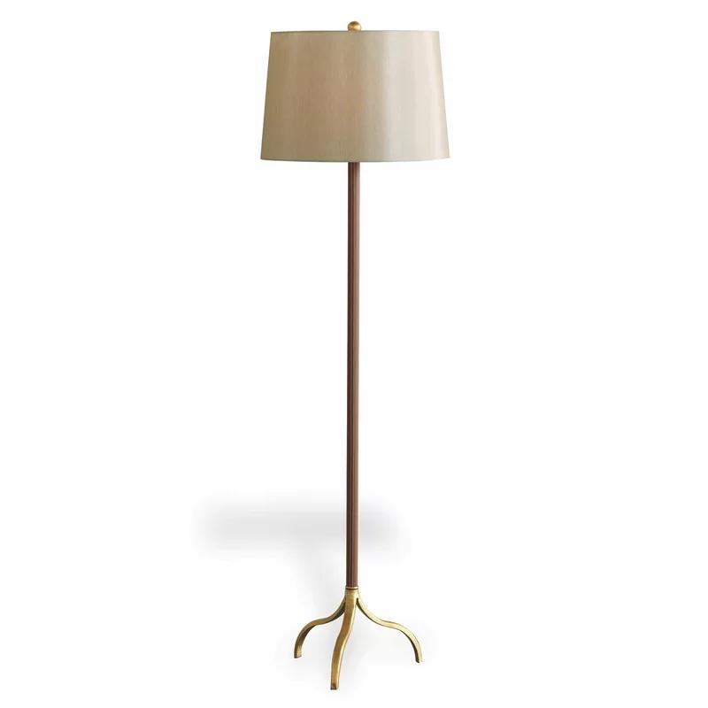Gold & Brown Leather-Covered Tripod Floor Lamp with Beige Shade