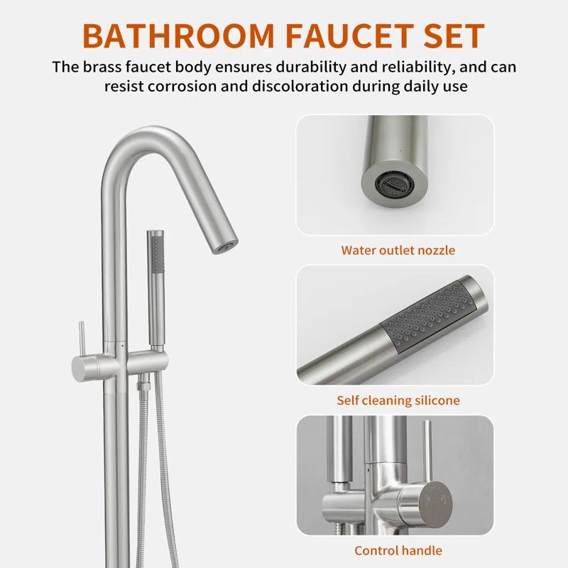 Double Handle Floor Mounted Freestanding Tub Filler With Handshower