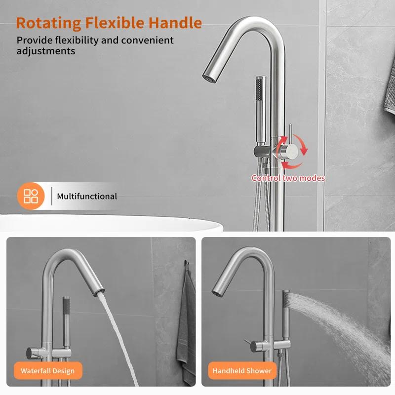 Double Handle Floor Mounted Freestanding Tub Filler With Handshower