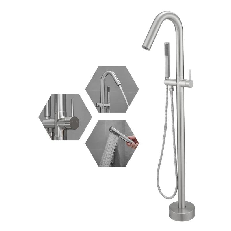 Double Handle Floor Mounted Freestanding Tub Filler With Handshower