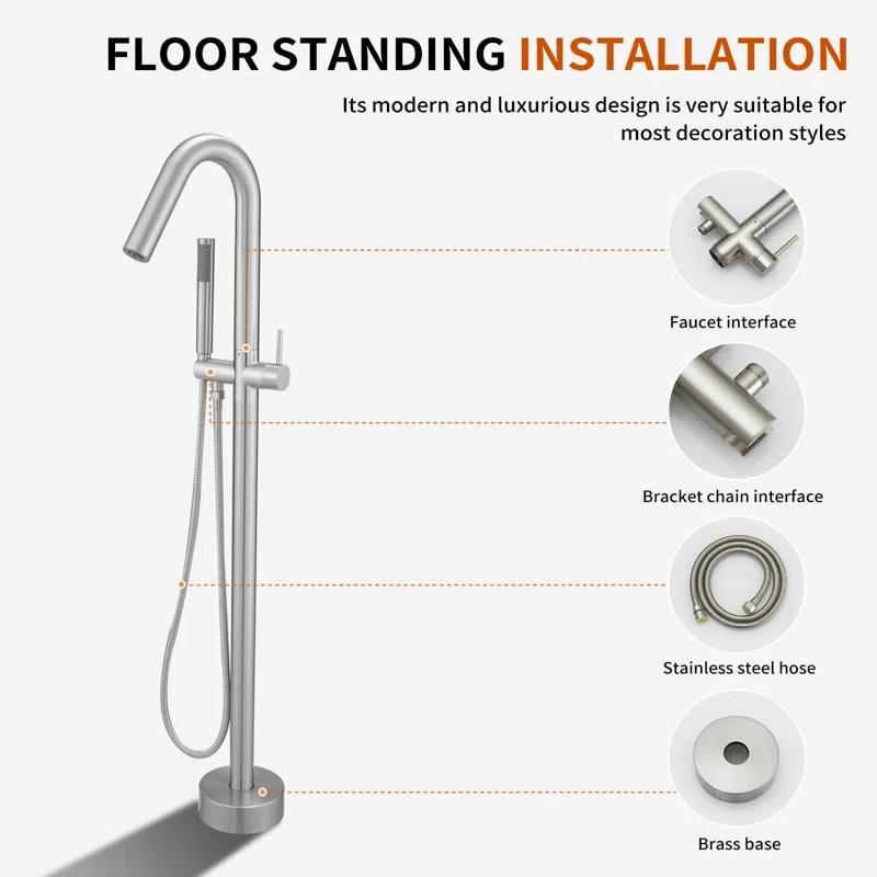 Double Handle Floor Mounted Freestanding Tub Filler With Handshower