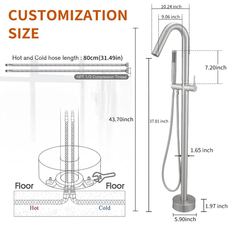 Double Handle Floor Mounted Freestanding Tub Filler With Handshower