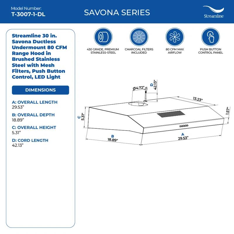 Streamline 30 In. T-3007-1-DL Savona Ductless Undermount 80 CFM Range Hood In Brushed Stainless Steel With Mesh Filters, Push Button Control, LED Light