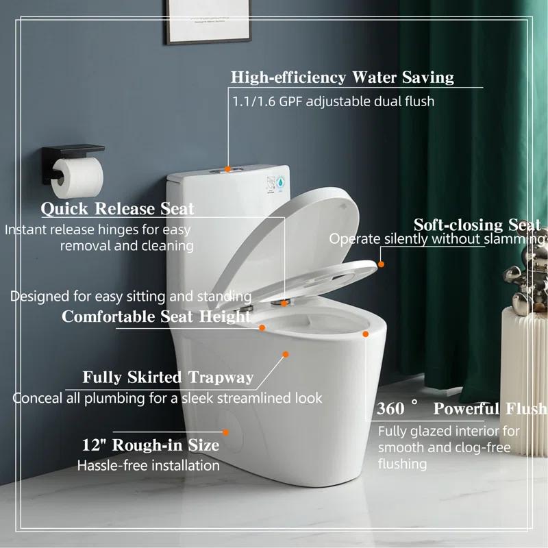 One-Piece Toilet, 1.1/1.60 GPF Water-Efficient Dual-Flush Elongated Comfort Height Floor Mounted, Standard-Size Toilet With Soft Closing Seat Included