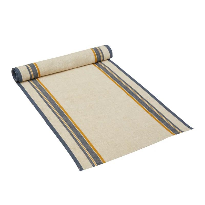 Natural and Blue Cotton Linen French Country Table Runner