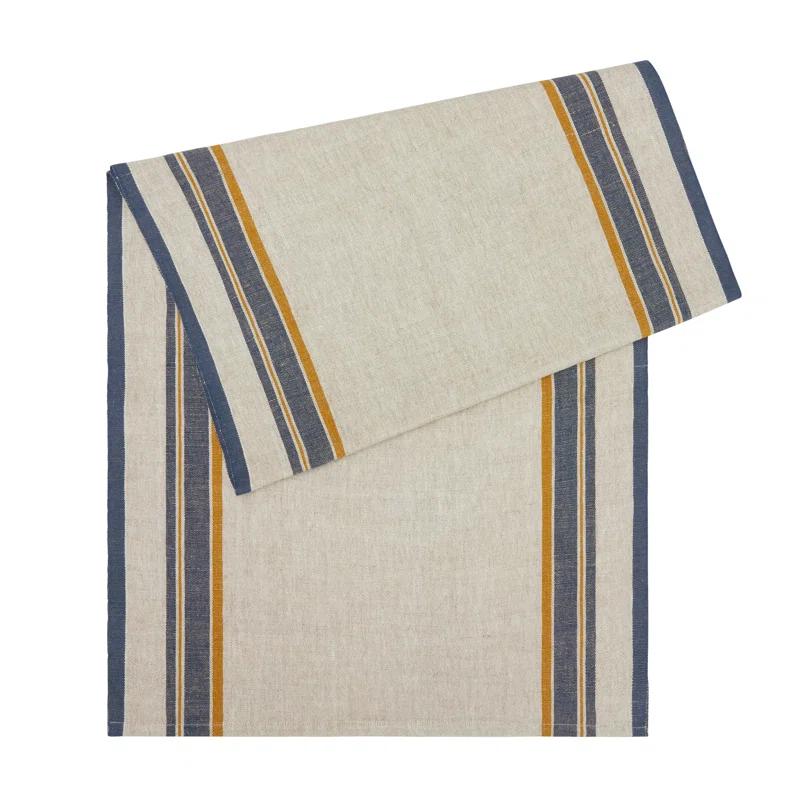 Natural and Blue Cotton Linen French Country Table Runner