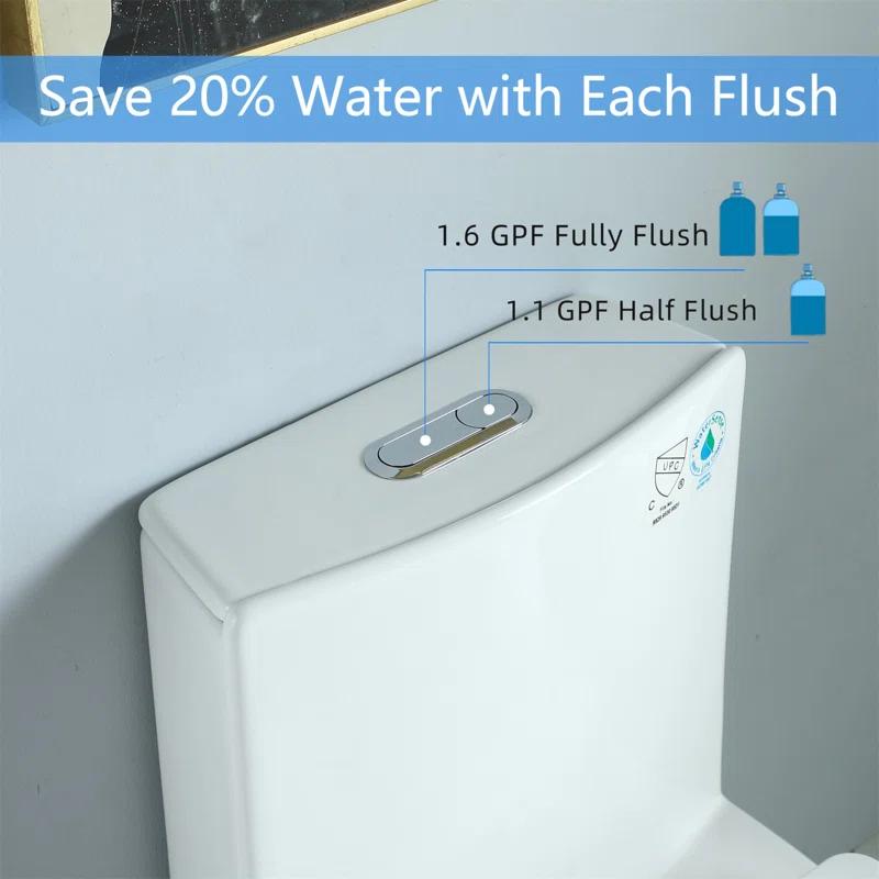 One-Piece Toilet, 1.1/1.60 GPF Water-Efficient Dual-Flush Elongated Comfort Height Floor Mounted, Standard-Size Toilet With Soft Closing Seat Included