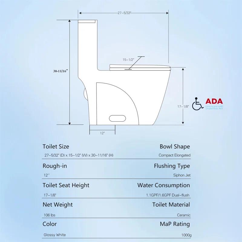 One-Piece Toilet, 1.1/1.60 GPF Water-Efficient Dual-Flush Elongated Comfort Height Floor Mounted, Standard-Size Toilet With Soft Closing Seat Included