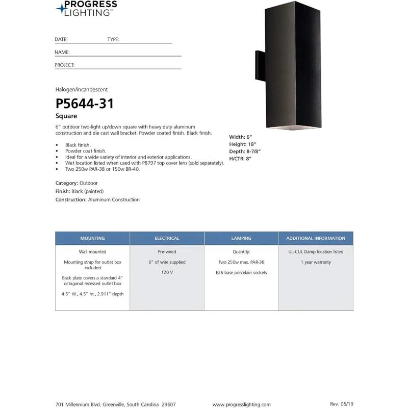 Square Collection 6" Aluminum Up/Down Matte Black Outdoor Wall Lantern Light