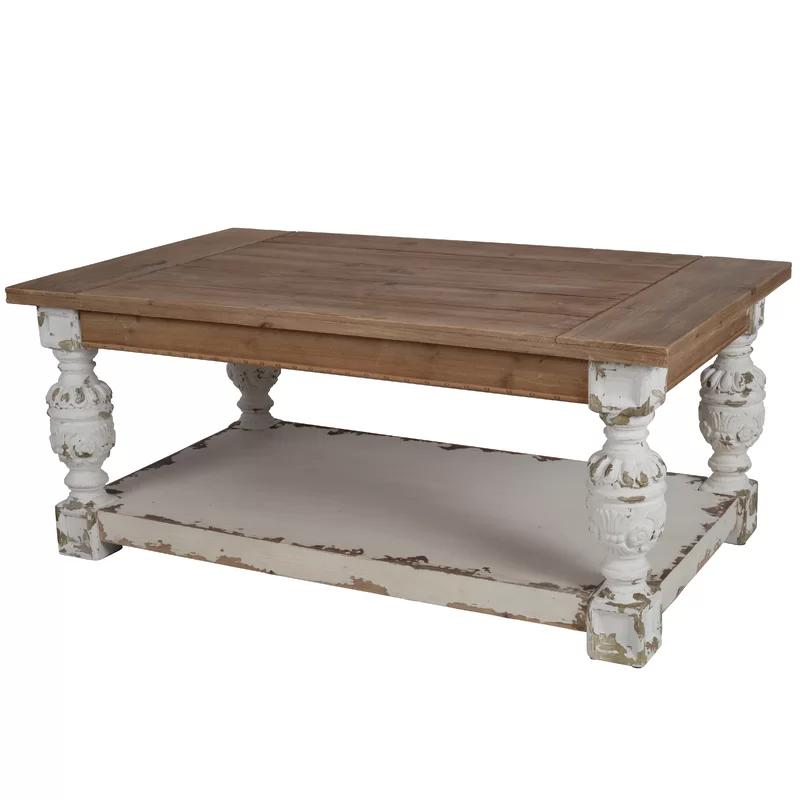 Whitewash Fir Wood Rectangular Coffee Table with Storage and Carved Legs