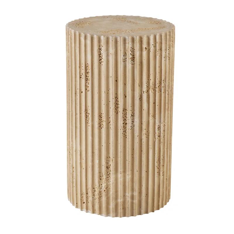 Round Beige Travertine Stone Fluted Accent Table