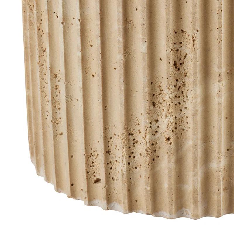Round Beige Travertine Stone Fluted Accent Table