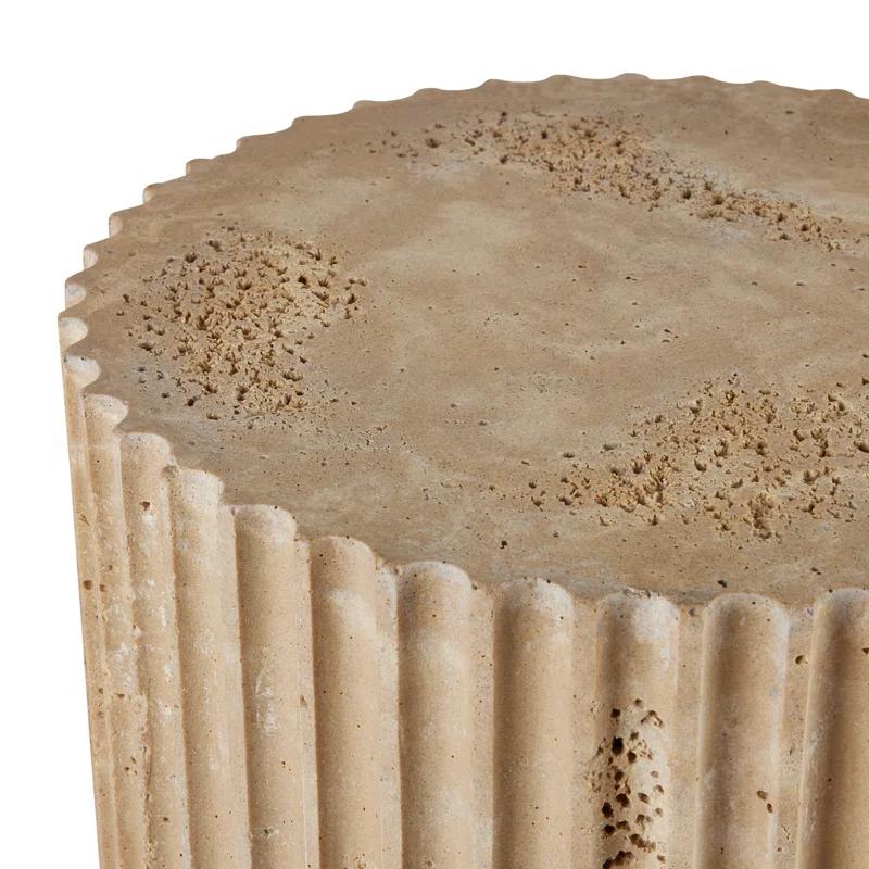 Round Beige Travertine Stone Fluted Accent Table