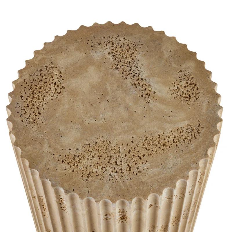 Round Beige Travertine Stone Fluted Accent Table