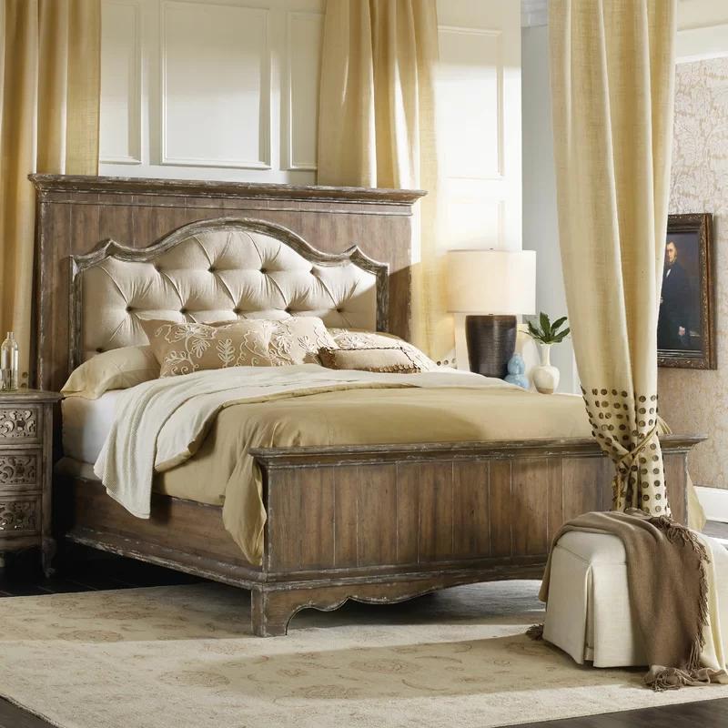 Caramel Froth Tufted Upholstered California King Bed with Pecky Pecan Frame