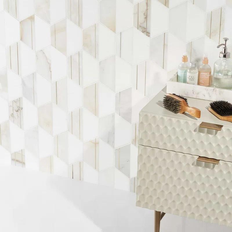 Meld 10.43" x 12.04" Marble and Brass Mosaic Hexagon Tile (0.87 Sq. Ft. / Sheet)