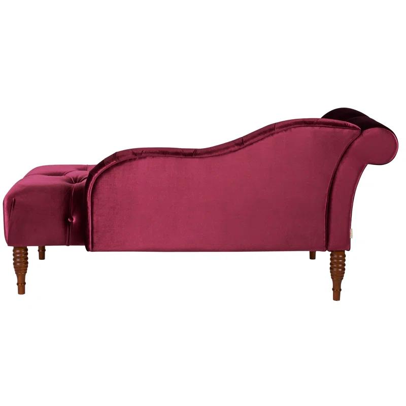 Burgundy Velvet Tufted Roll Arm Chaise Lounge with Wood Frame