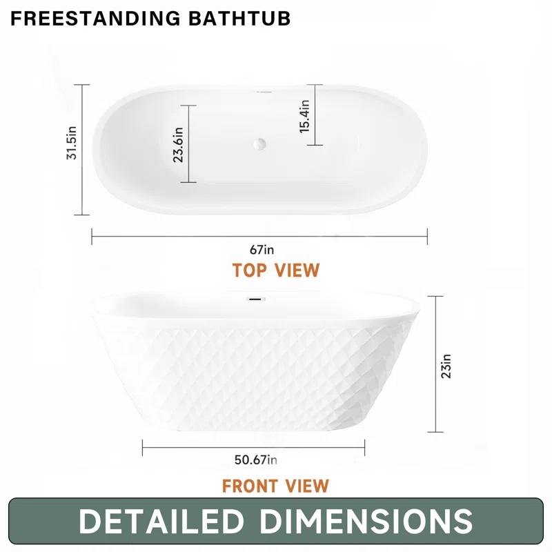 Aguamaph 67" x 31" Acrylic Freestanding Bathtub with Diamond Wave Pattern with Chrome Drain & Overflow T7052886731CW