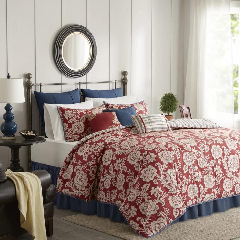 Red Floral Cotton Queen Duvet Cover Set with Shams