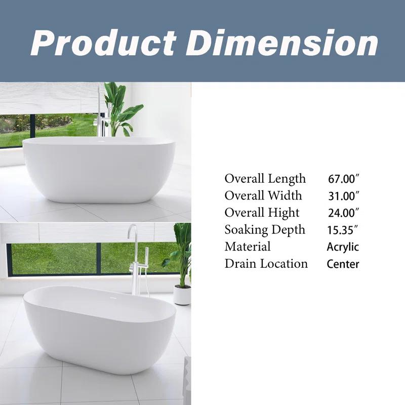 Staykiwi 67'' x 29'' Freestanding Soaking Plastic / Acrylic Bathtub JJCS04BT-67