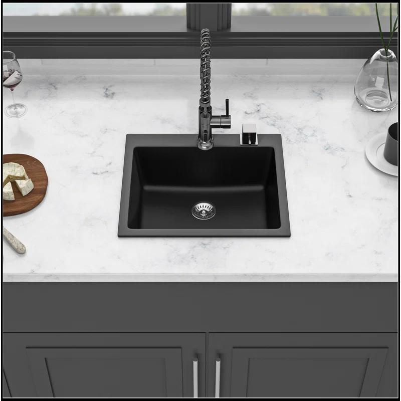 Quartz Kitchen Sink - 25X22" Black Granite Composite Drop In Kitchen Sink