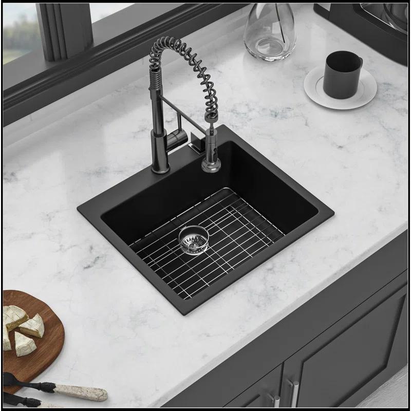 Quartz Kitchen Sink - 25X22" Black Granite Composite Drop In Kitchen Sink