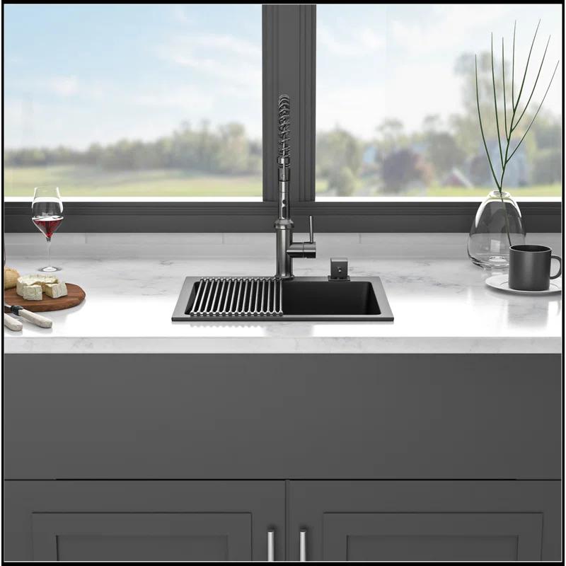 Quartz Kitchen Sink - 25X22" Black Granite Composite Drop In Kitchen Sink