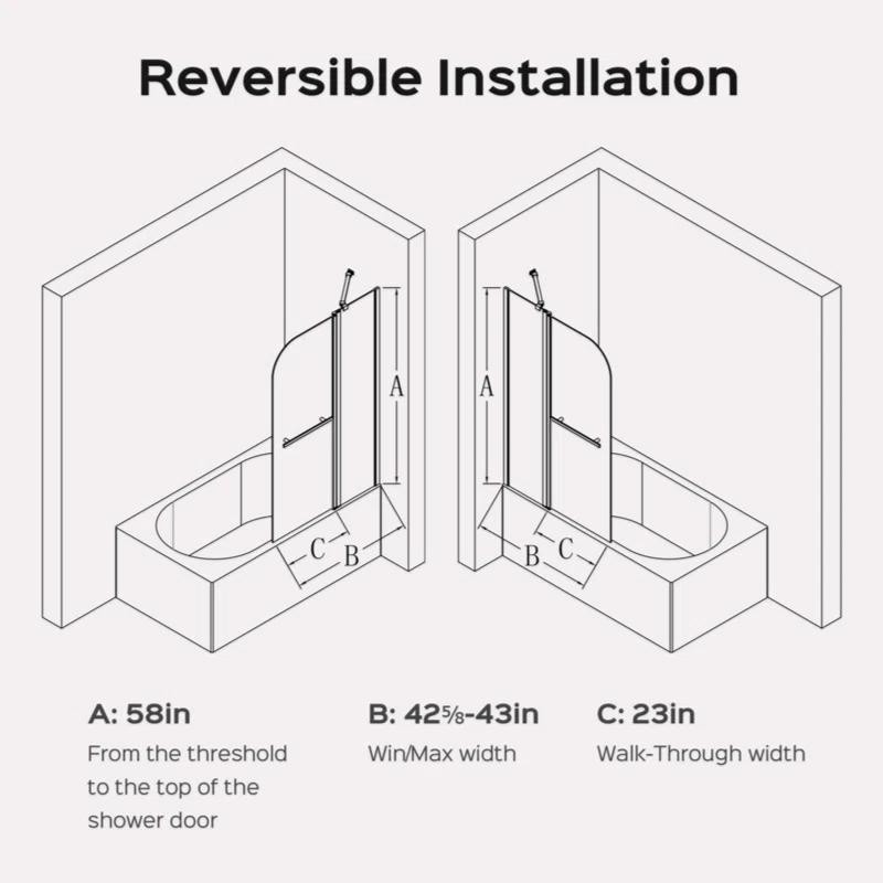 Tryimagine 43 In. W * 58 In. H Frameless Folding Shower Doors For Bathtub, 1/4" (6Mm) Thick SGCC Tempered Glass Door, Bathroom Pivot Tub Glass Door CCNPPcc-W1552P173133