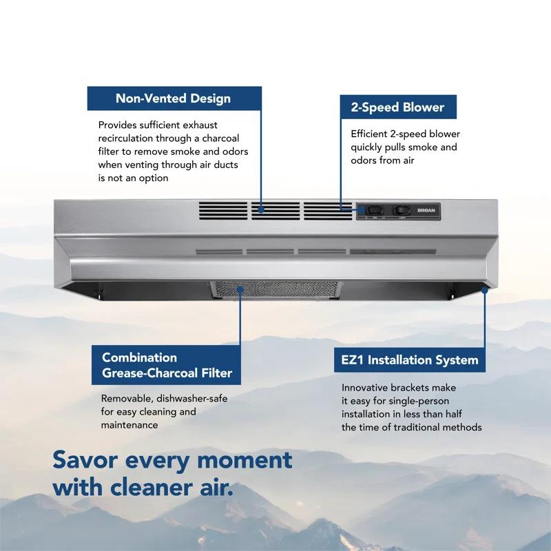 Broan NuTone Broan® 30-Inch Ductless Under-Cabinet Range Hood w/ Easy Install System, Stainless Finish BUEZ130SF