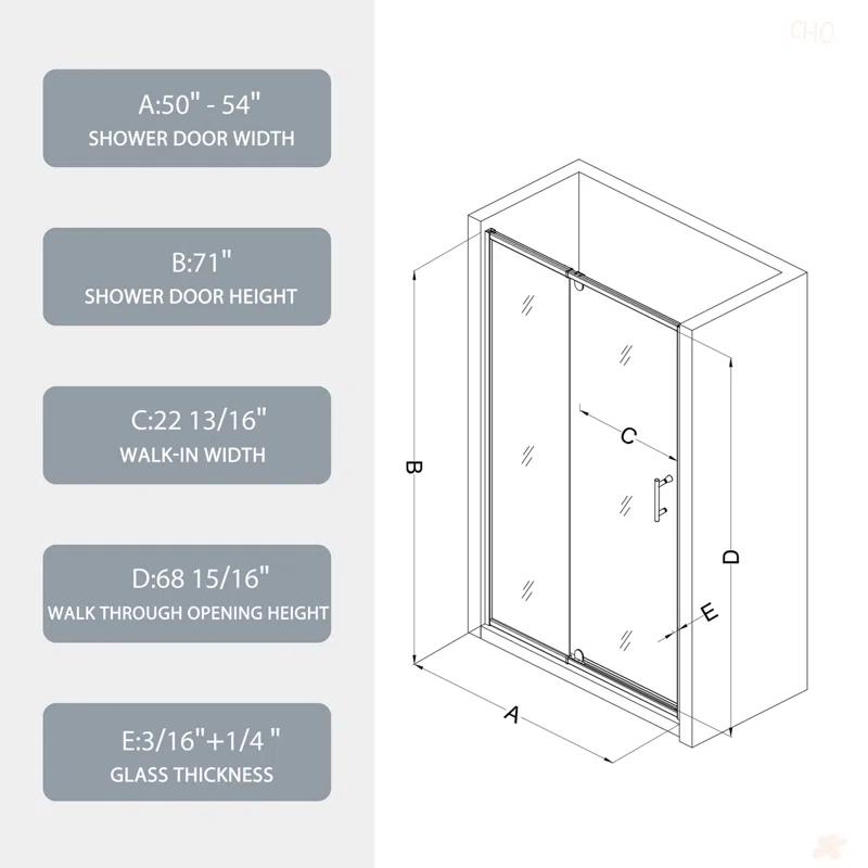50-54" W X 71" H Piovt Swing Glass Shower Door,Pivot Frame Sliding Shower Door With 1/4"(6Mm) Clear SGCC Tempered Glass, Shower Doors,Reversible Installation