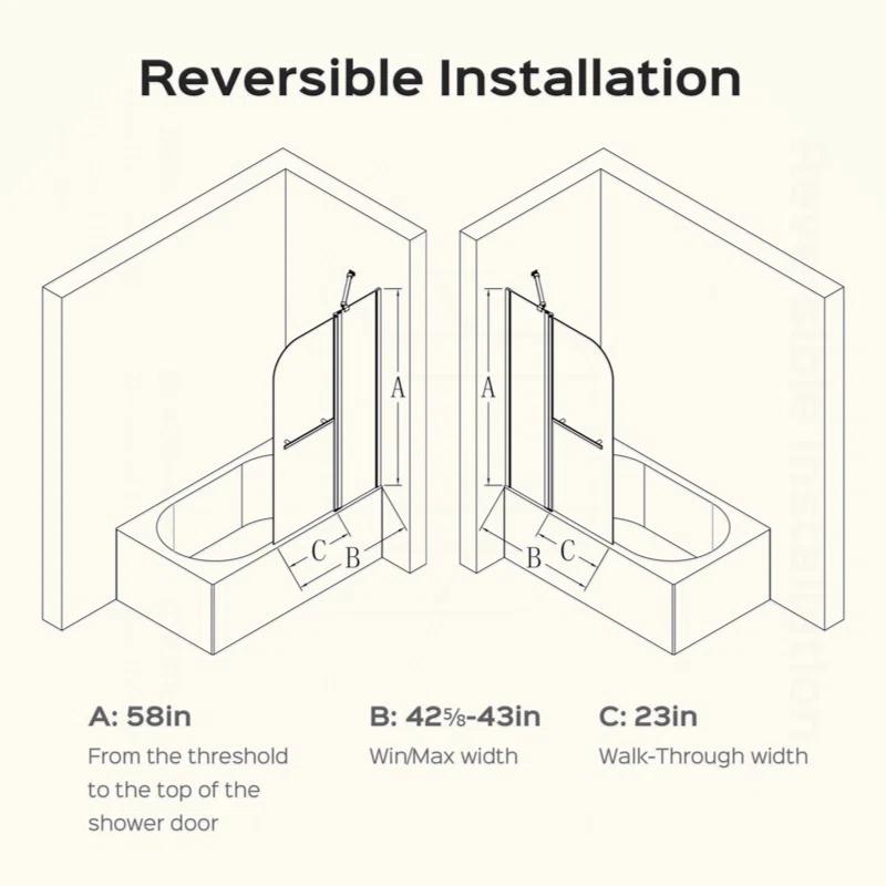GZMWON 43 in. W * 58 in. H Frameless Folding Shower Doors 1/4" (6mm) Thick SGCC Tempered Glass Door Bathroom Pivot Tub Glass Door
