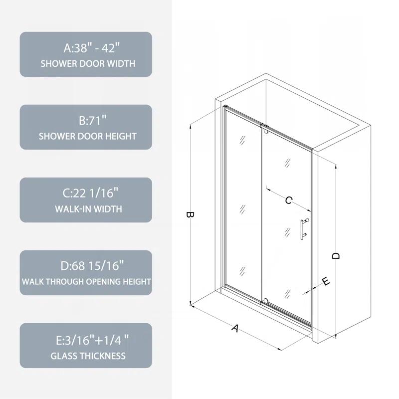 38-42" W x 71" H Flush Glass Shower Door Reversible Installation