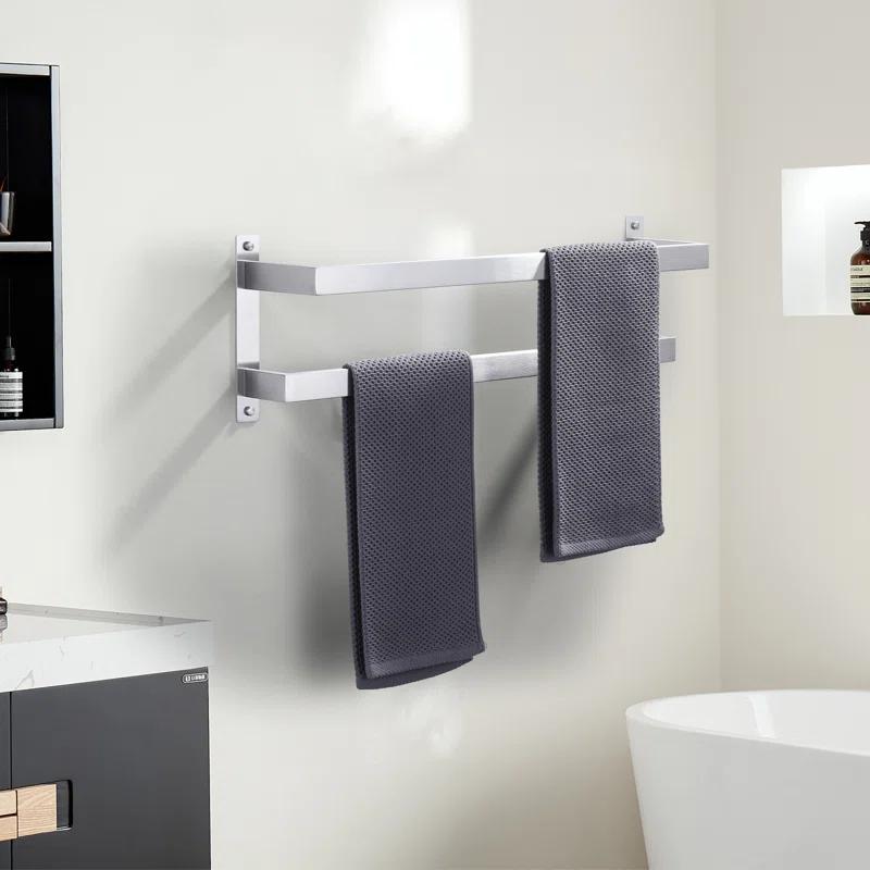 2-Tier Stainless Steel Wall Mounted Square Towel Rack With Concealed Mounting Hardware Staggered Two Rod Towel Rack