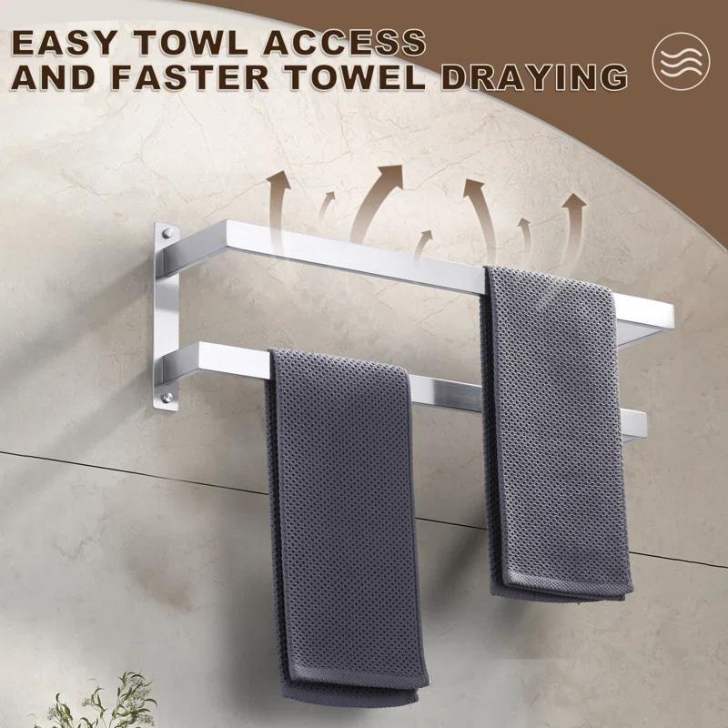 2-Tier Stainless Steel Wall Mounted Square Towel Rack With Concealed Mounting Hardware Staggered Two Rod Towel Rack