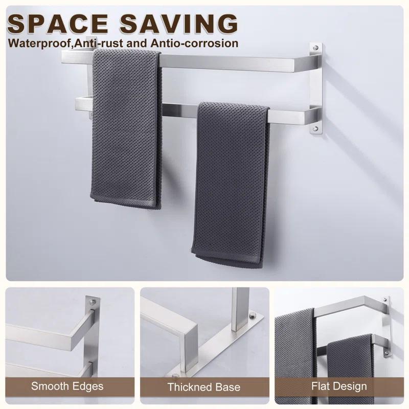 2-Tier Stainless Steel Wall Mounted Square Towel Rack With Concealed Mounting Hardware Staggered Two Rod Towel Rack