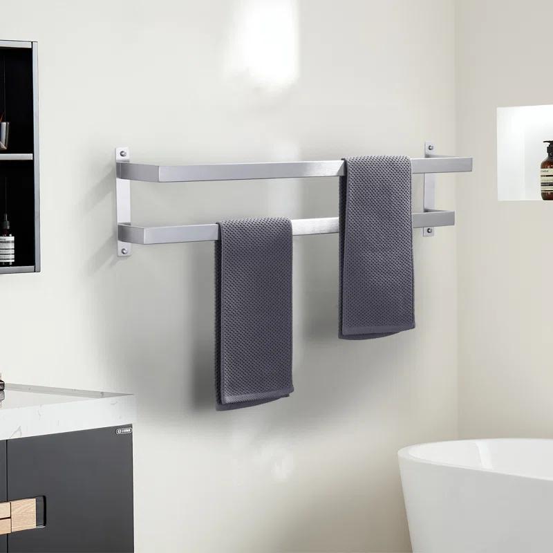 2-Tier Stainless Steel Wall Mounted Square Towel Rack With Concealed Mounting Hardware Staggered Two Rod Towel Rack