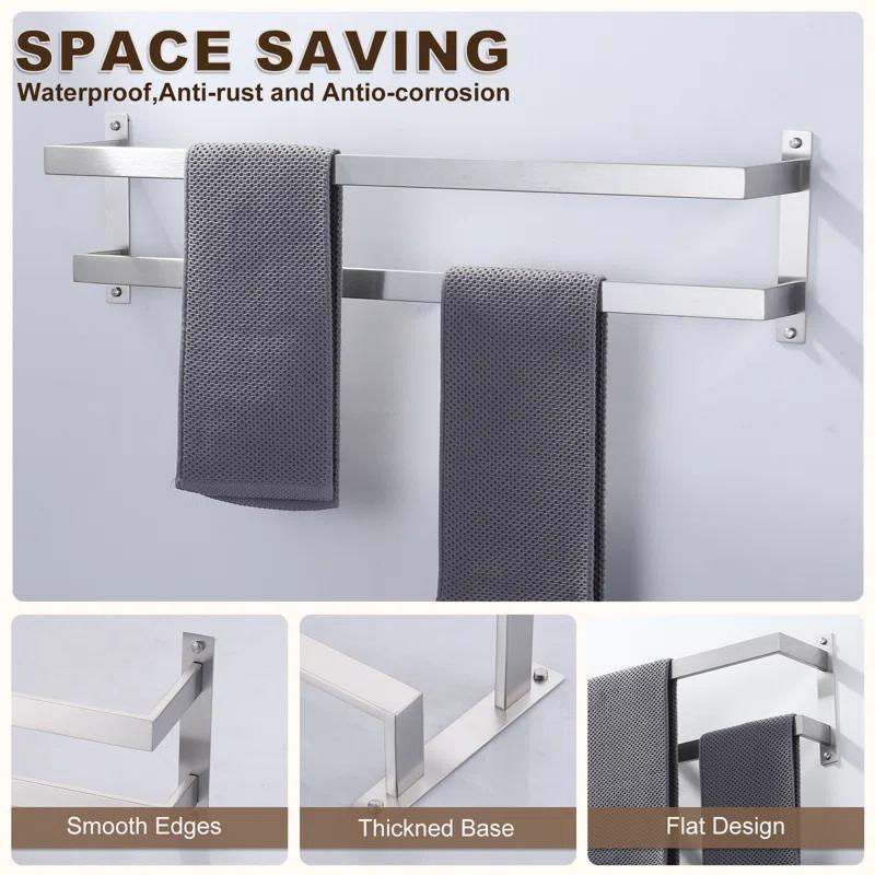 2-Tier Stainless Steel Wall Mounted Square Towel Rack With Concealed Mounting Hardware Staggered Two Rod Towel Rack