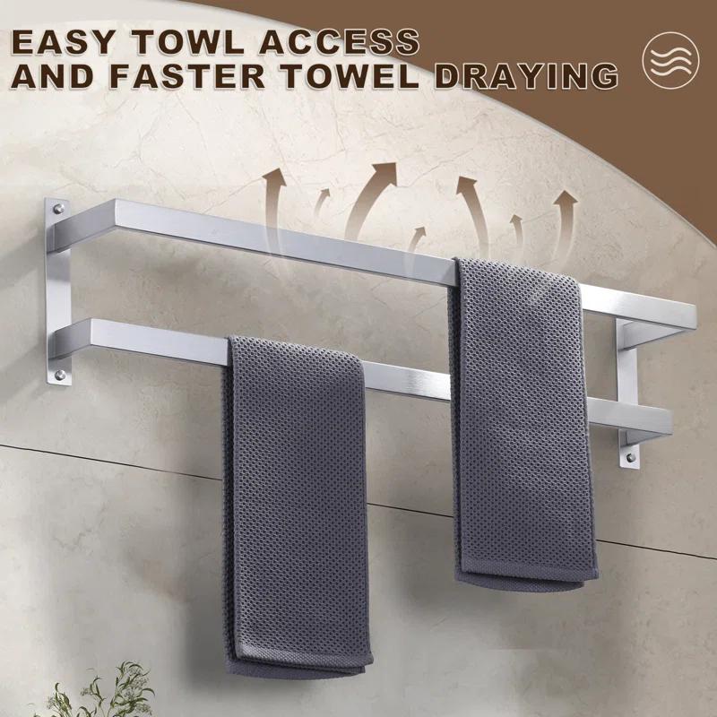 2-Tier Stainless Steel Wall Mounted Square Towel Rack With Concealed Mounting Hardware Staggered Two Rod Towel Rack