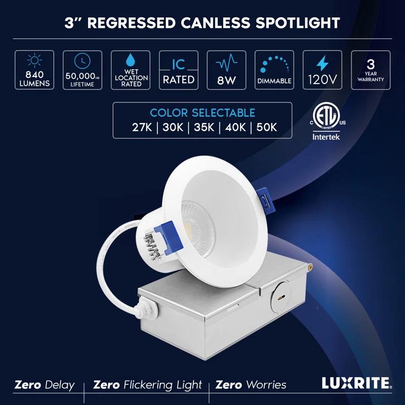 Luxrite 3 Inch LED Recessed Ceiling Light J-Box 8W 5CCT 2700K/3000K/3500K/4000K/5000K 840LM Dimmable Canless Downlight, Wet Rated IC Rated ETL 12 Pack