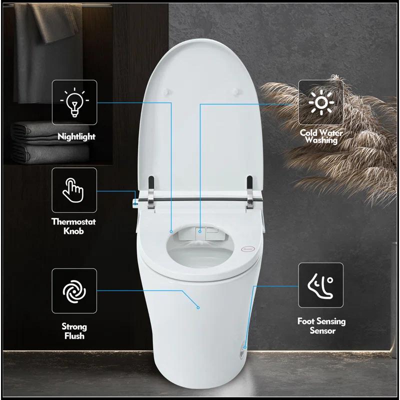 Smart Toilet Bidet Combo With Self-Cleaning Nozzle,Upmarket Compact Dual Flush Toilet 1/1.28 GPF,Tank Less Toilet With Foot Sensor Flush,White Night Light,Knob Control,Power Outage Flushing,Soft Close