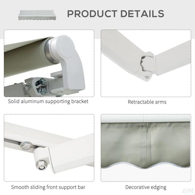 8' X 7' Patio Retractable Awning, Manual Exterior Sun Shade Deck Window Cover, Grey