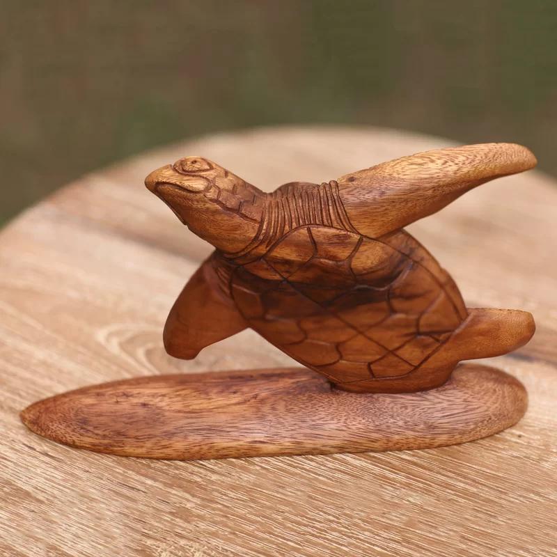 Bali Bliss Hand-Carved Suar Wood Turtle Surfer Sculpture