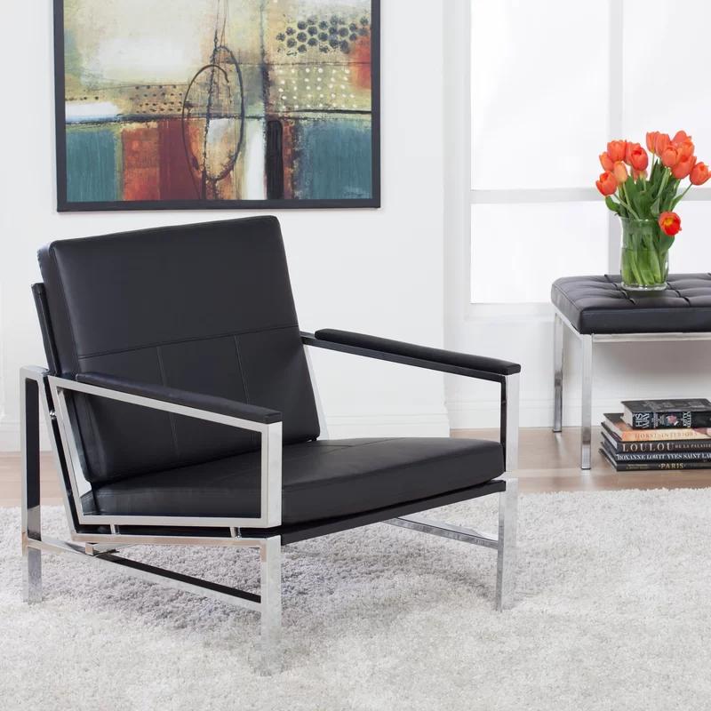 Modern Atlas Black Faux Leather Armchair with Chrome Metal Frame