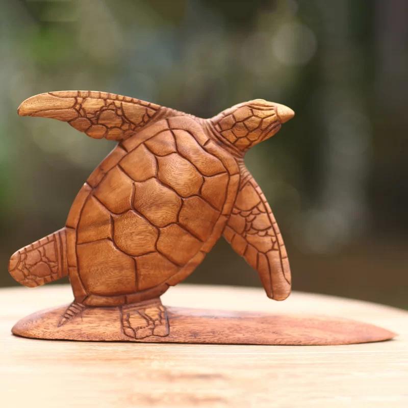 Bali Bliss Hand-Carved Suar Wood Turtle Surfer Sculpture