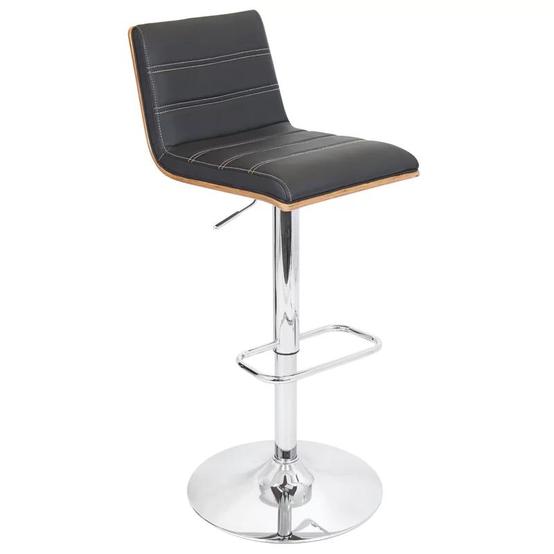 Vasari Adjustable Black Leather and Walnut Swivel Bar Stool