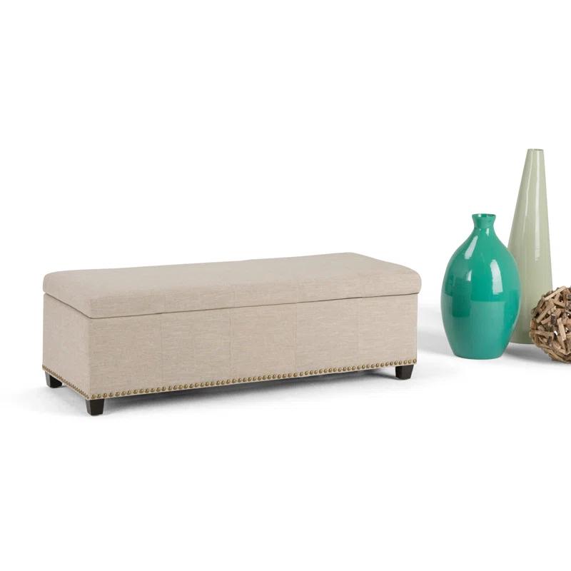 Simpli Home Kingsley 48"W Upholstered Storage Ottoman with Lift-Top Lid, Nailhead Trim, and Stitching Detail