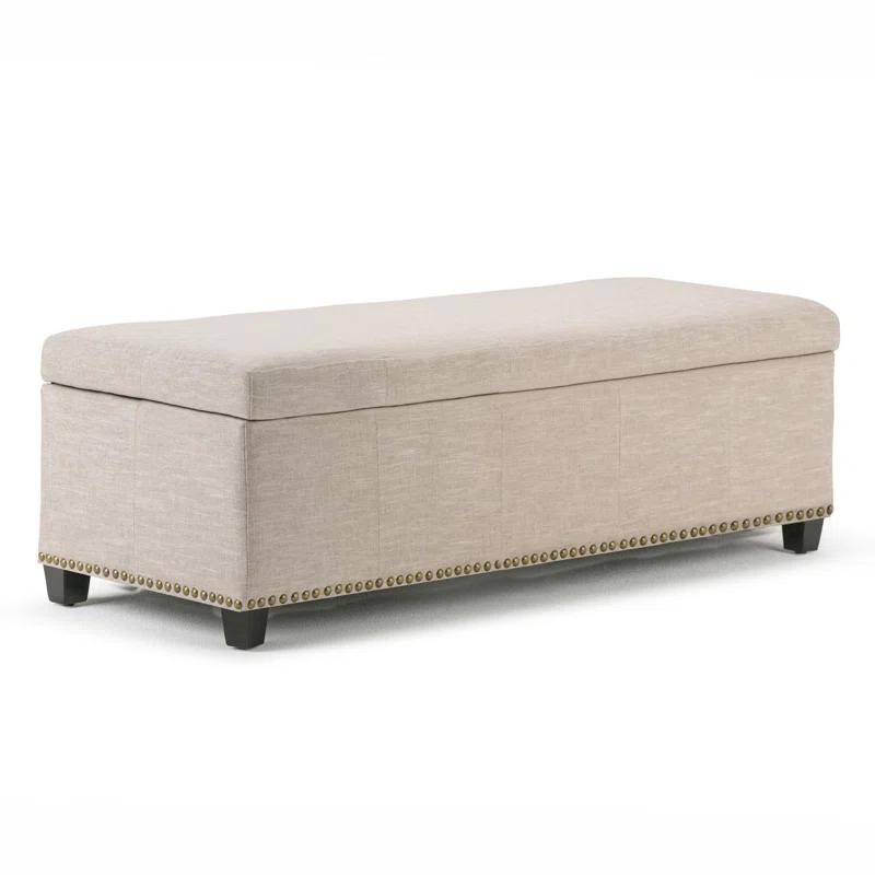 Simpli Home Kingsley 48"W Upholstered Storage Ottoman with Lift-Top Lid, Nailhead Trim, and Stitching Detail