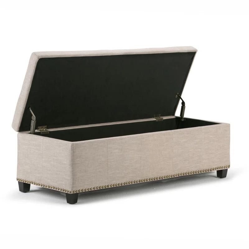 Simpli Home Kingsley 48"W Upholstered Storage Ottoman with Lift-Top Lid, Nailhead Trim, and Stitching Detail